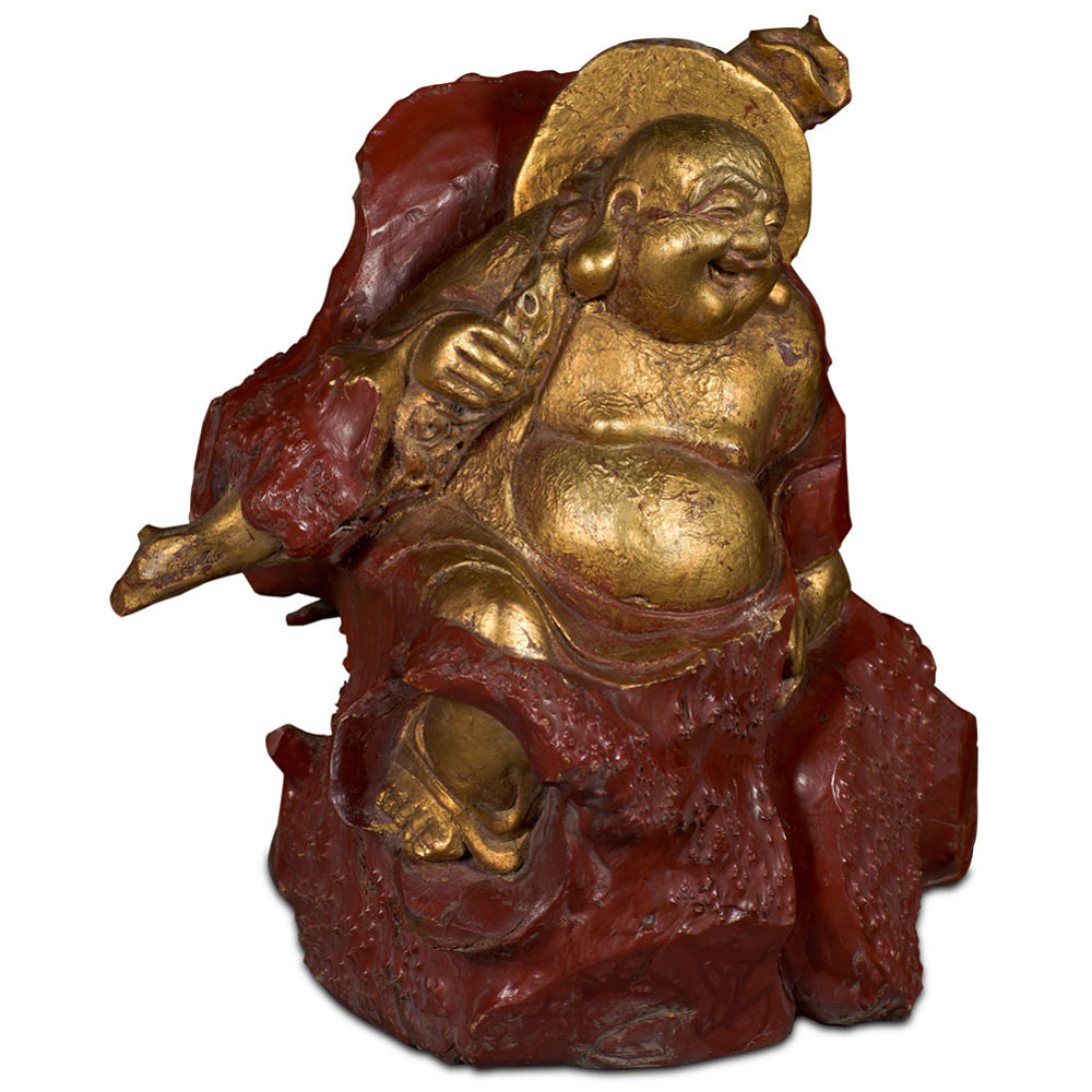 Gilded Wood Carving Chinese Happy Buddha Sculpture