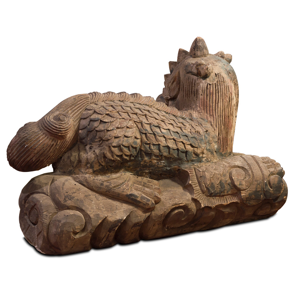 Vintage Wooden Kirin Asian Sculpture