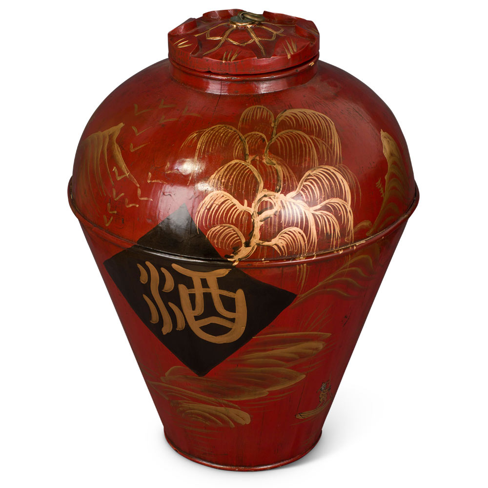 Vintage Wooden Chinese Red Lacquer Wine Cask