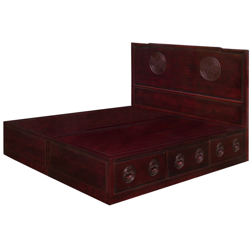 Dark Cherry Rosewood Longevity King Size Chinese Platform Bed with Drawers