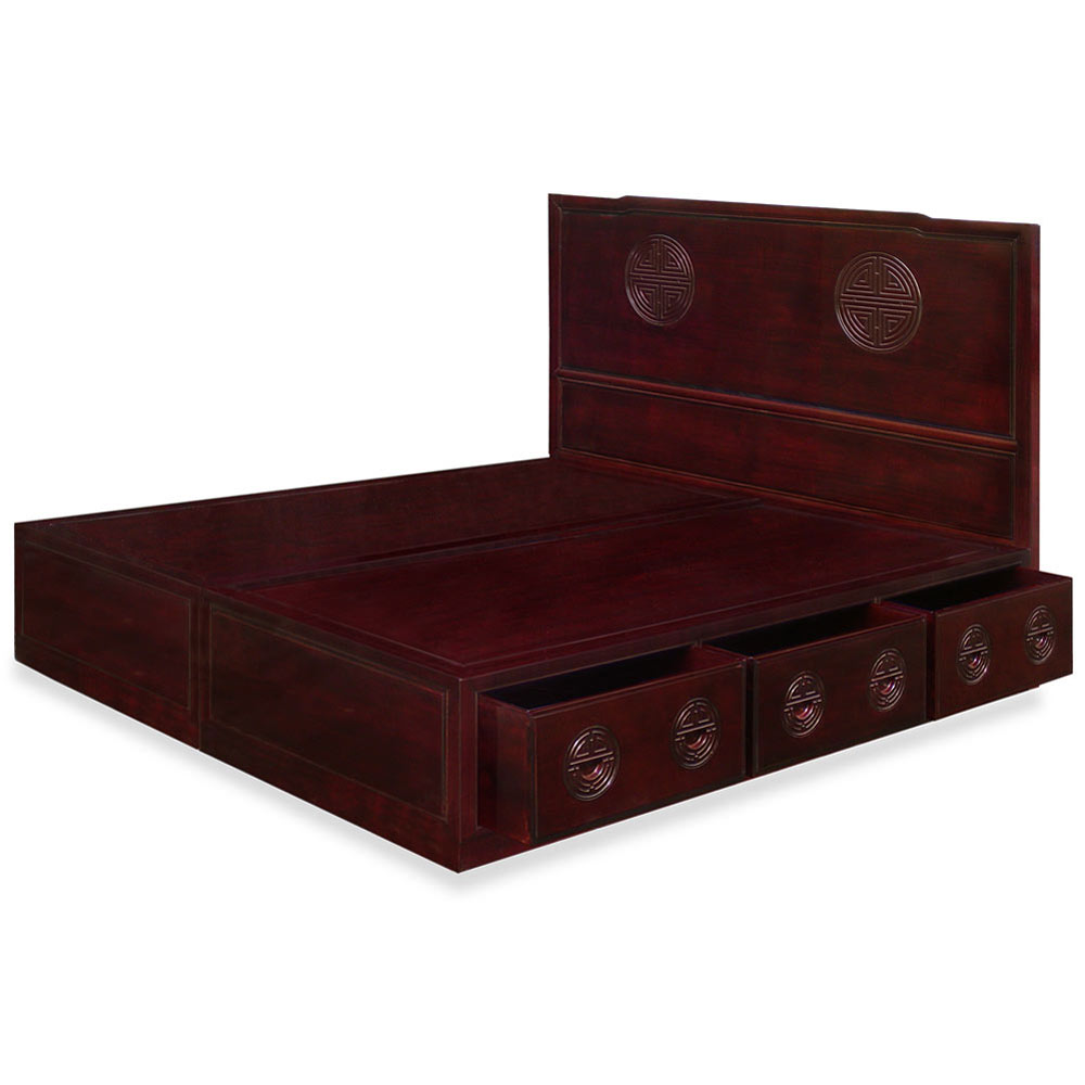 Dark Cherry Rosewood Longevity King Size Chinese Platform Bed with Drawers