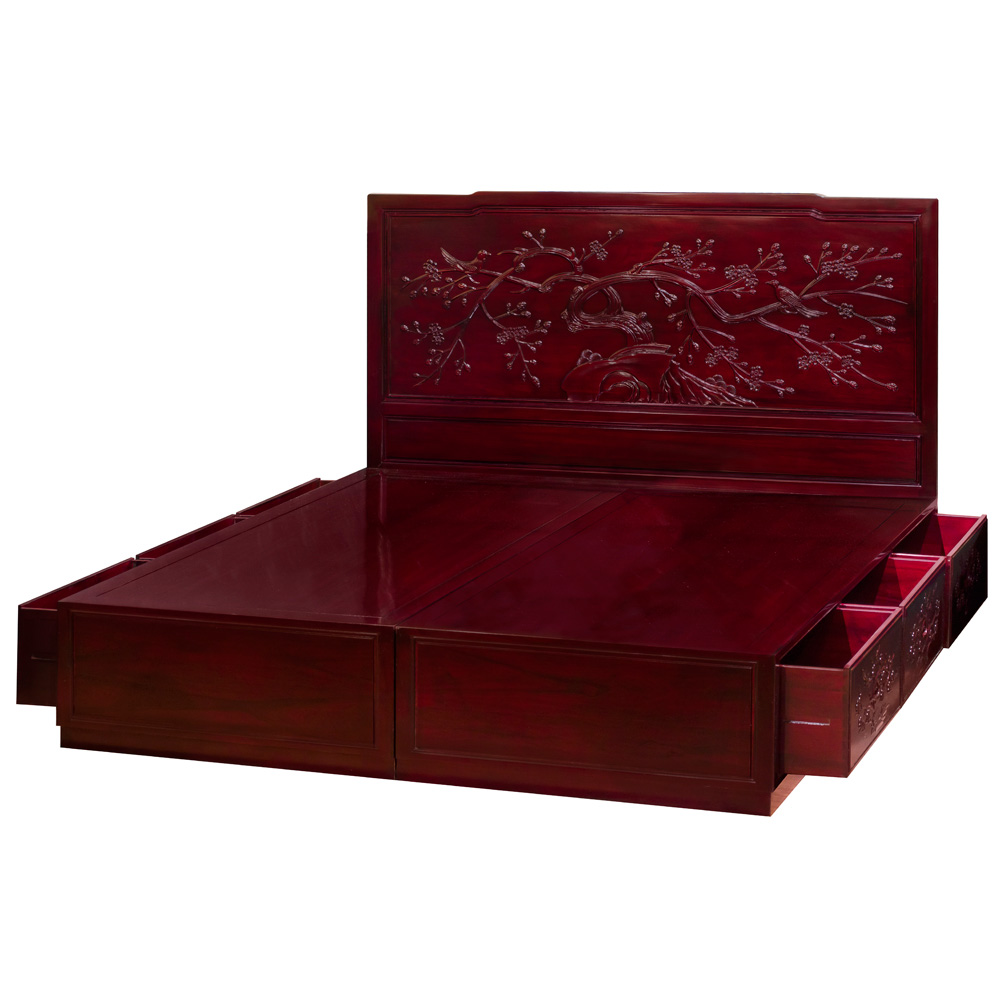 Dark Cherry Rosewood Flower and Bird King Size Chinese Platform Bed with Drawers
