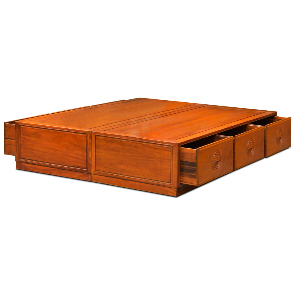 Natural Finish Rosewood Queen Size Chinese Platform Bed with Drawers