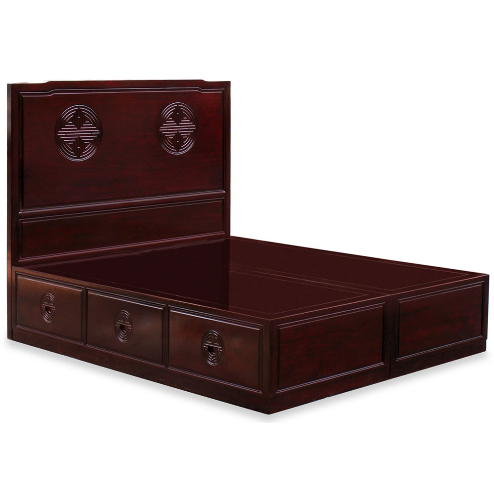 Dark Cherry Rosewood Queen Size Chinese Longevity Platform Bed with Drawers