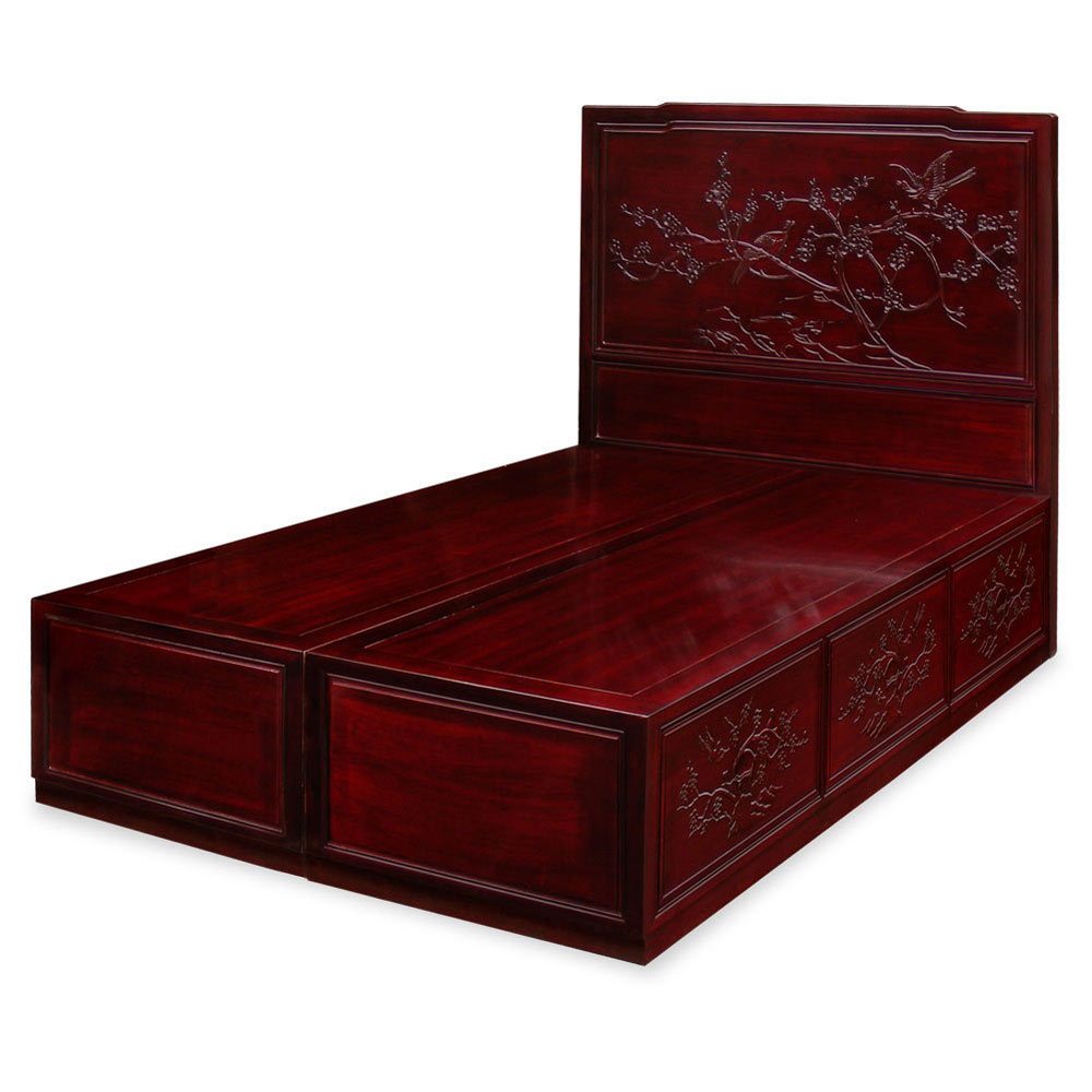 Dark Cherry Rosewood Flower and Bird Queen Size Oriental Platform Bed with Drawers