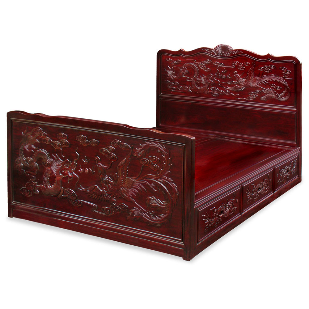 Dark Cherry Rosewood Imperial Dragon and Phoenix King Size Oriental Platform Bed with Drawers