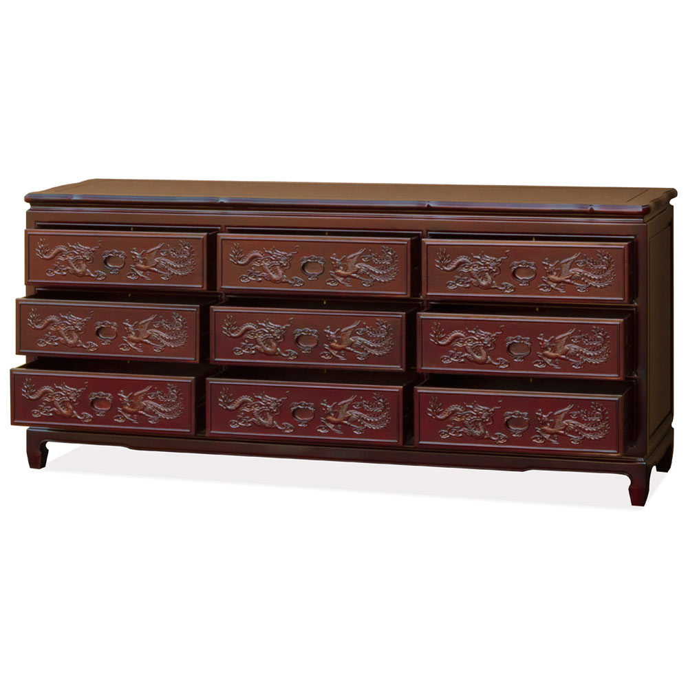 Dark Cherry Rosewood Dragon and Phoenix Oriental Chest of 9 Drawers