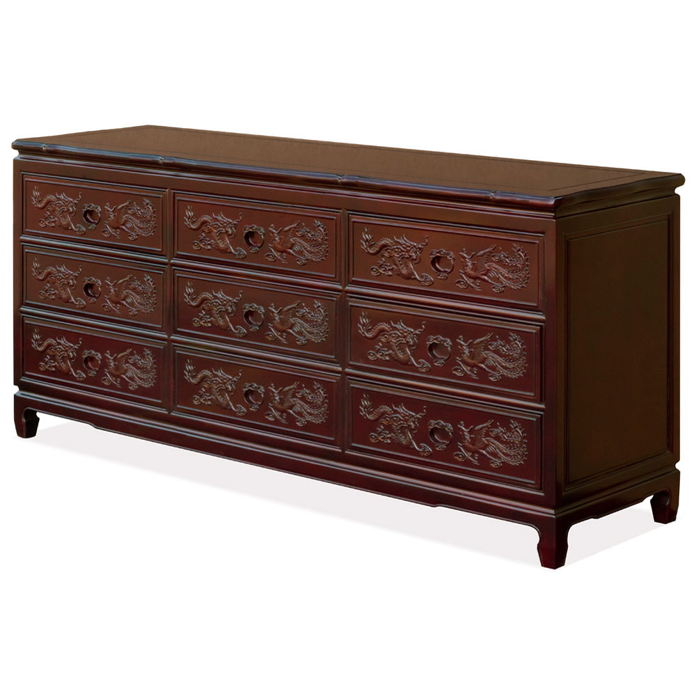 Dark Cherry Rosewood Dragon and Phoenix Oriental Chest of 9 Drawers