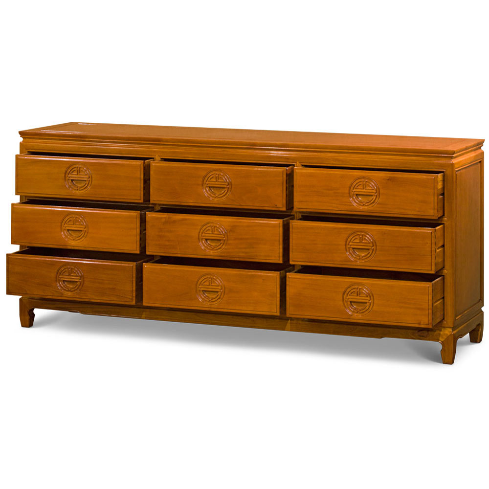 Natural Finish Rosewood Chinese Longevity Chest of 9 Drawers