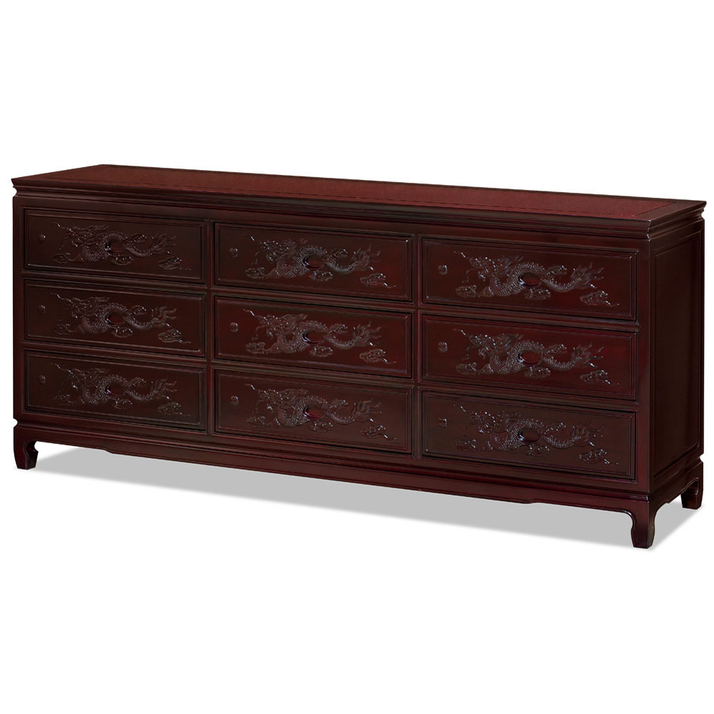 Dark Cherry Rosewood Chinese Dragon Chest of 9 Drawers