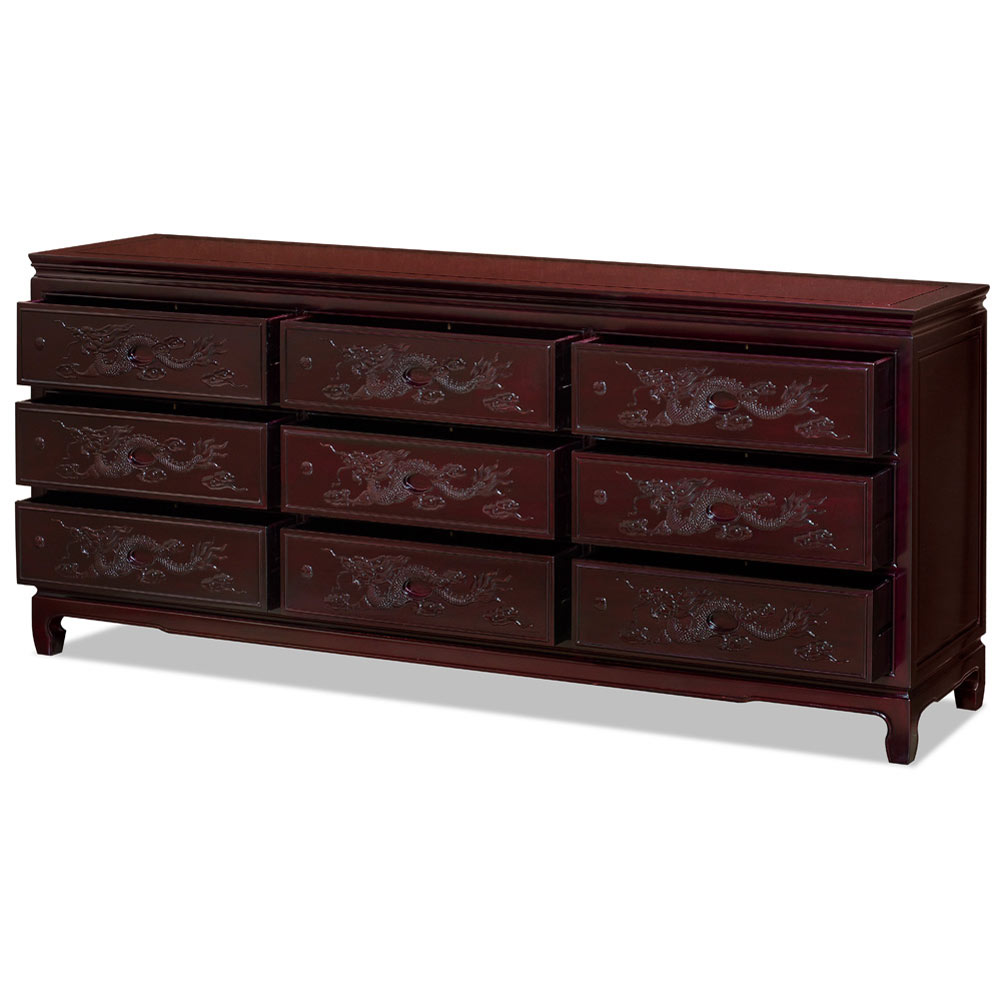 Dark Cherry Rosewood Chinese Dragon Chest of 9 Drawers