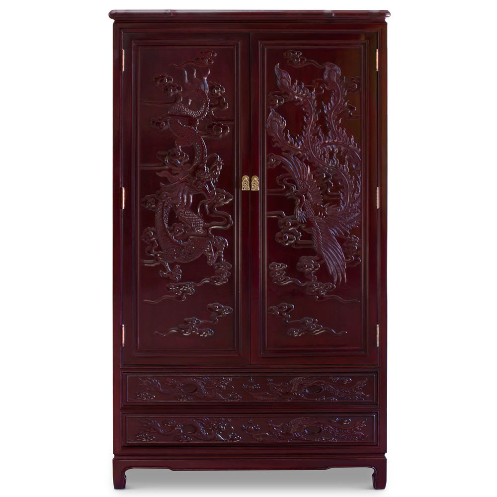 Dark Cherry Rosewood Dragon and Phoenix Chinese Armoire