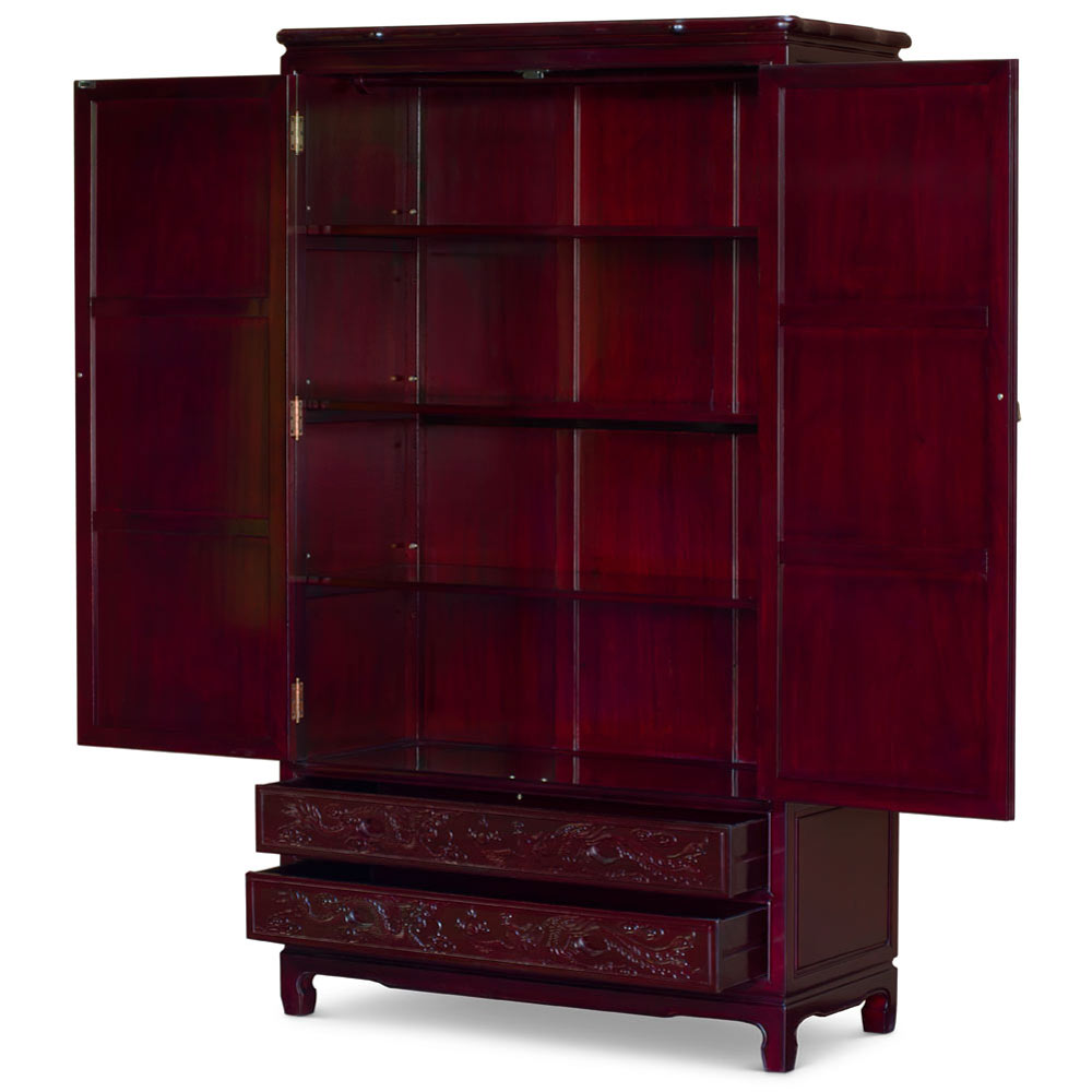 Dark Cherry Rosewood Dragon and Phoenix Chinese Armoire