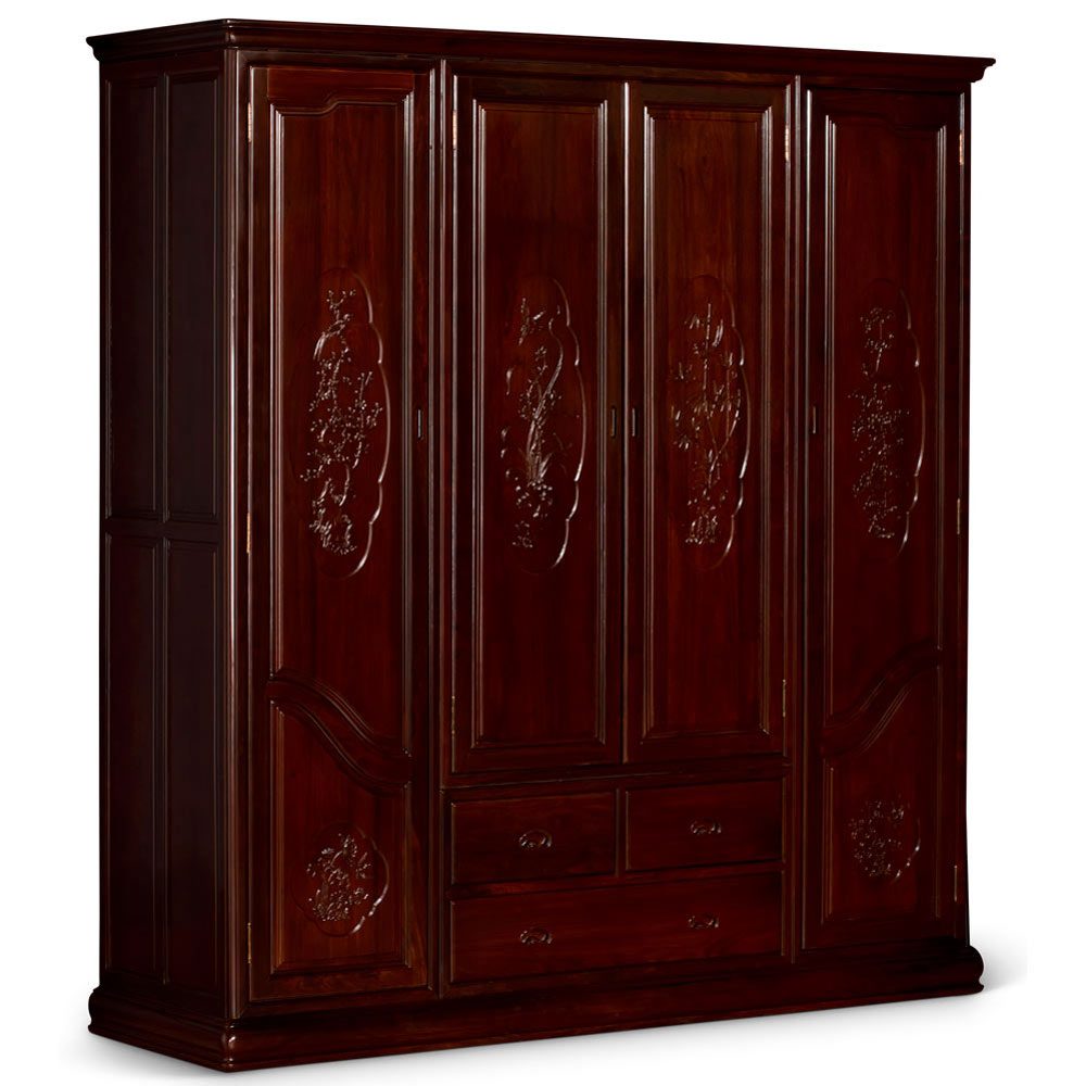 Hand Carved Ebonywood Flower Motif Armoire - with FREE Inside Delivery