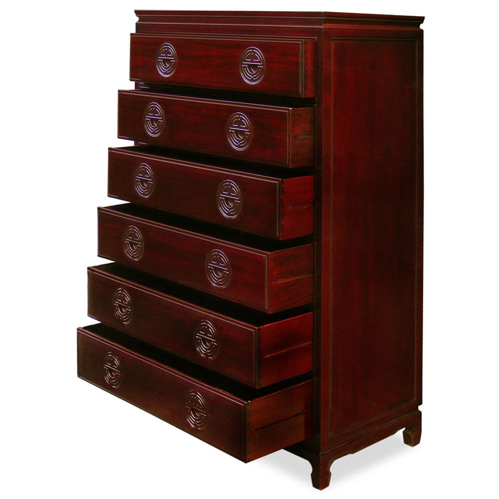 Dark Cherry Rosewood Chinese Longevity High Chest of Drawers