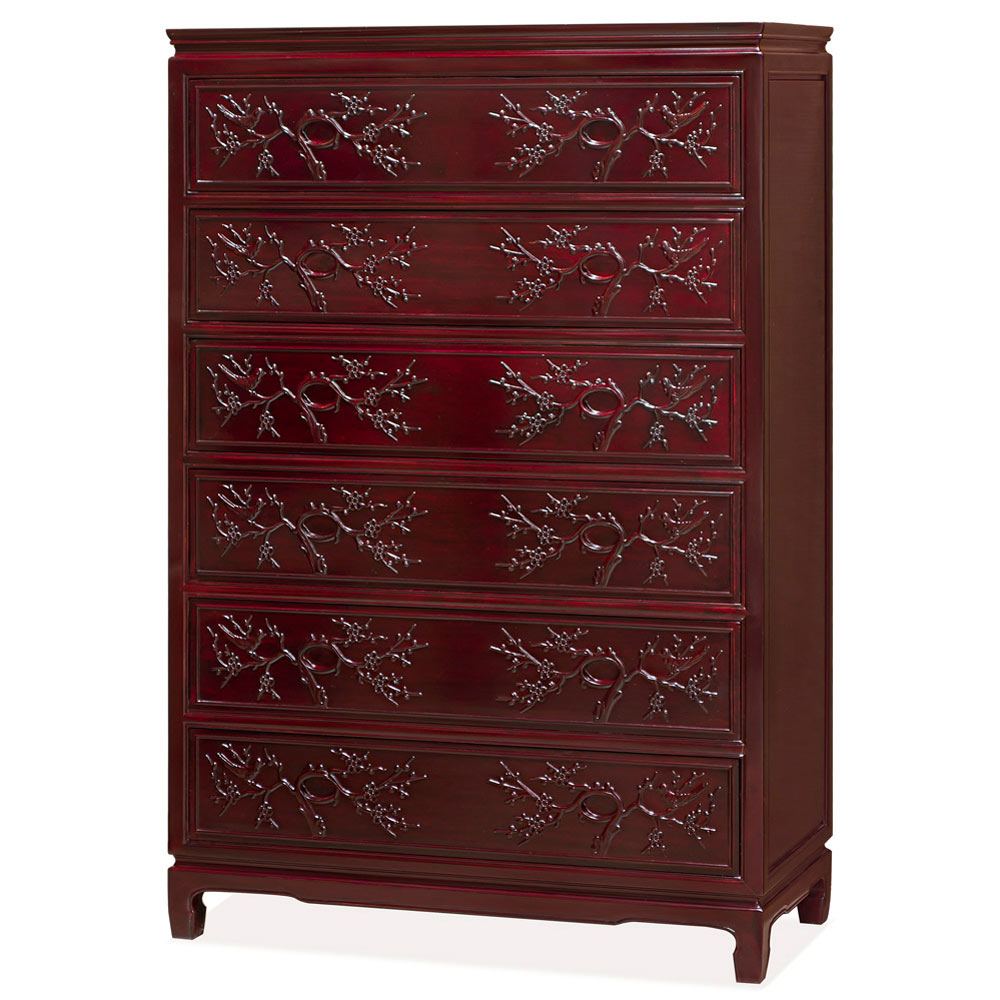 Dark Cherry Rosewood Flower and Bird Chinese High Chest of Drawers