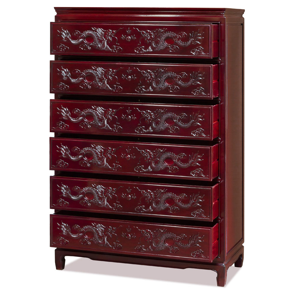 Dark Cherry Rosewood Dragon High Chinese Chest of Drawers