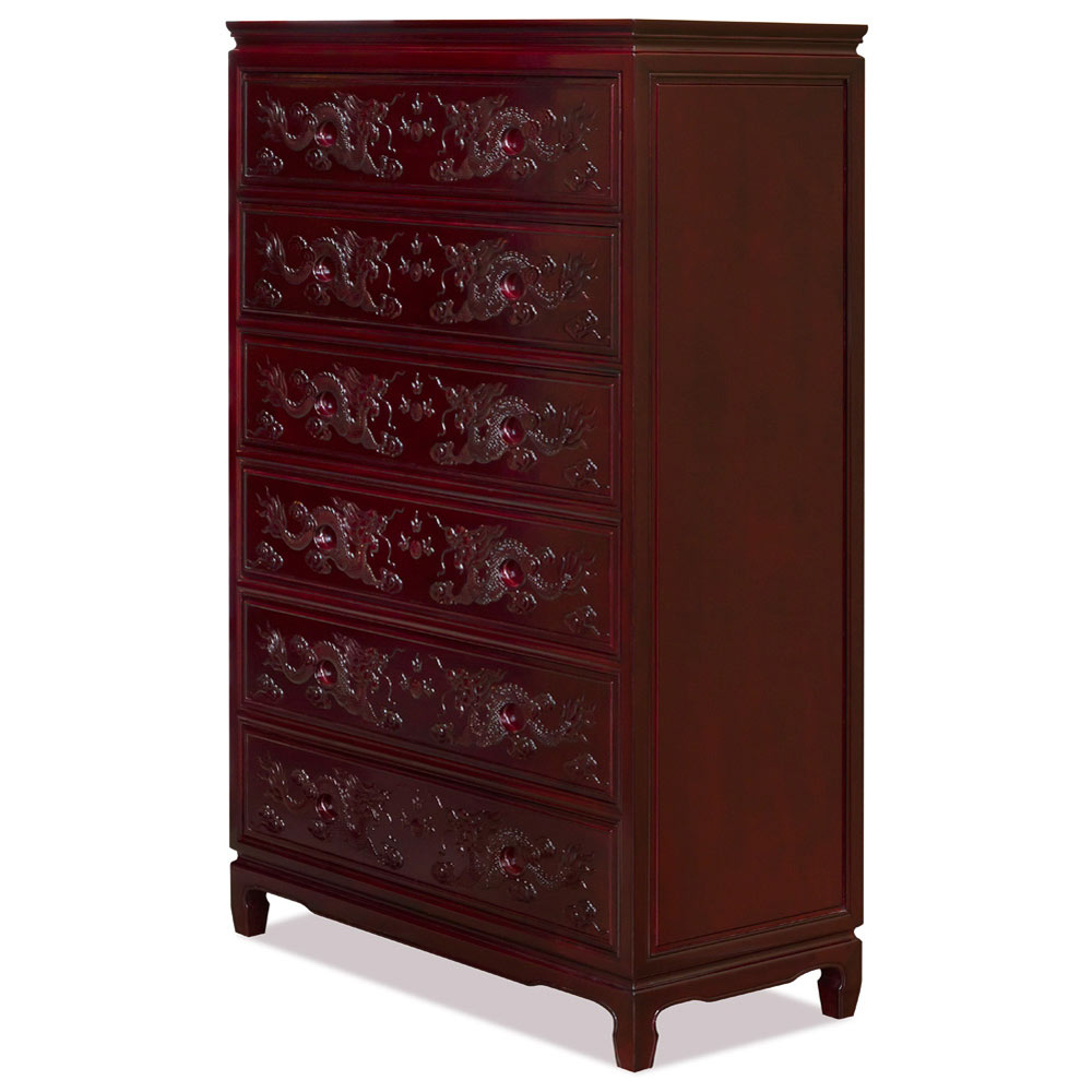 Dark Cherry Rosewood Dragon High Chinese Chest of Drawers