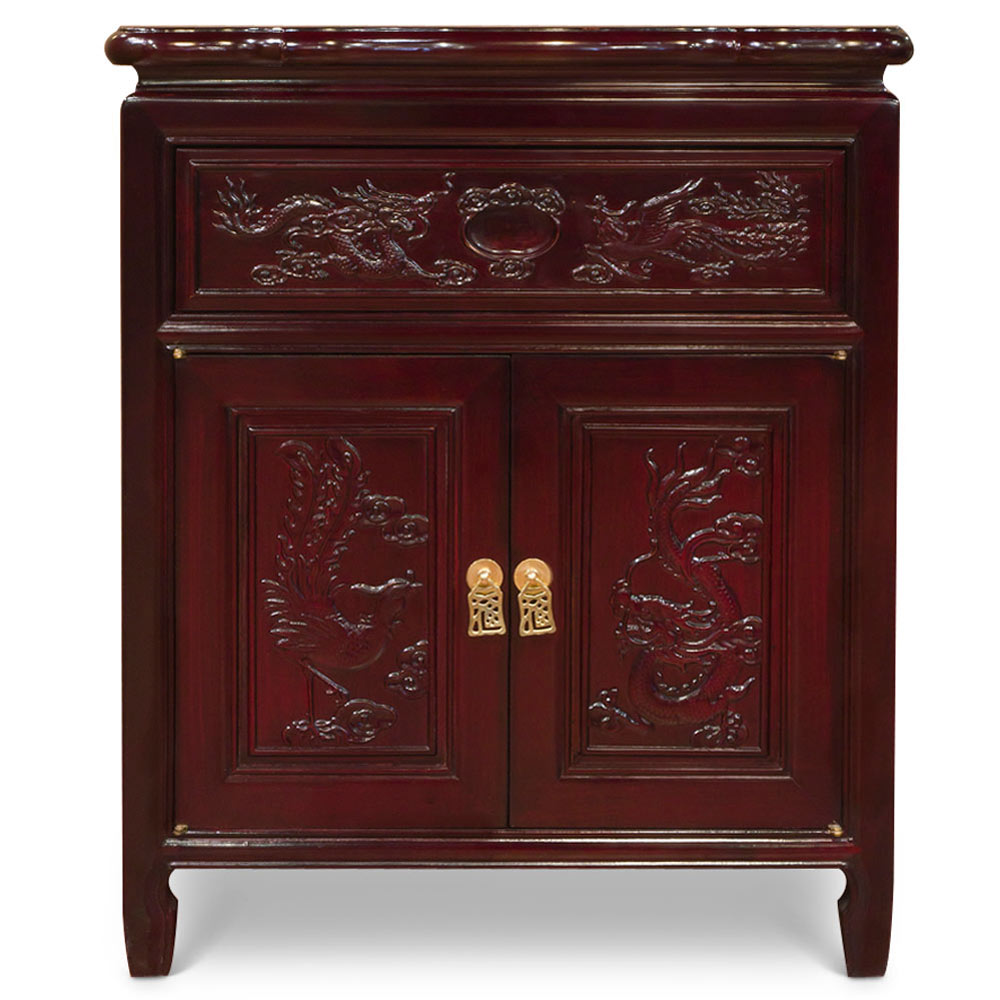 Dark Cherry Rosewood Dragon and Phoenix Oriental Nightstand