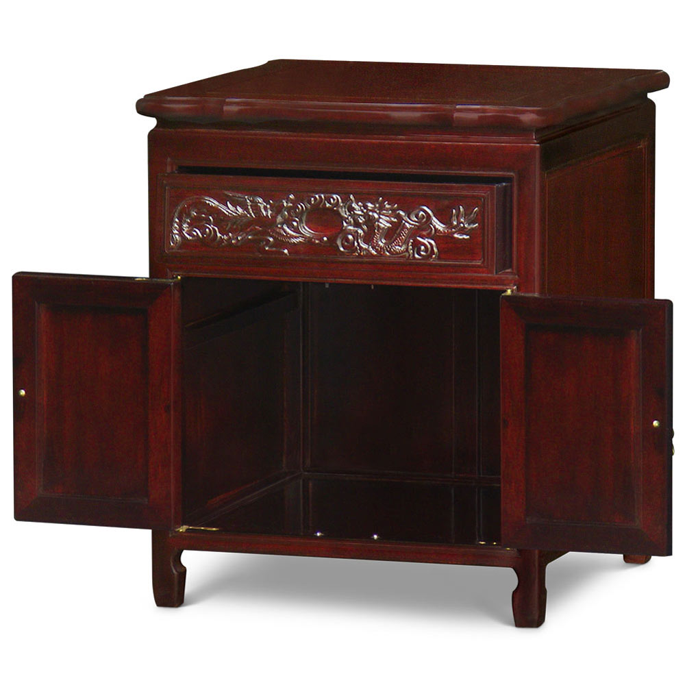 Dark Cherry Rosewood Dragon and Phoenix Oriental Nightstand