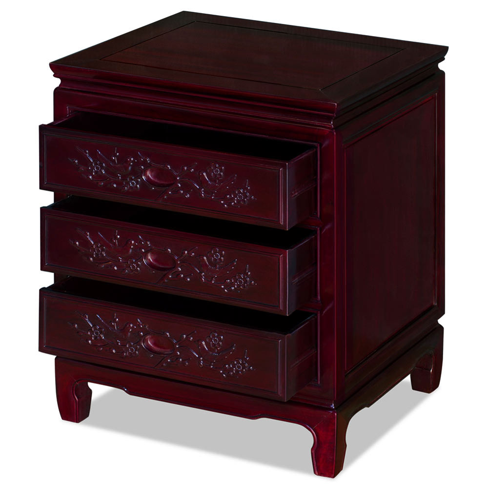 Dark Cherry Rosewood Flower and Bird Motif Oriental Nightstand