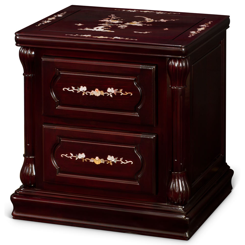 Dark Cherry Rosewood Mother of Pearl Inlay Chinese Nightstand