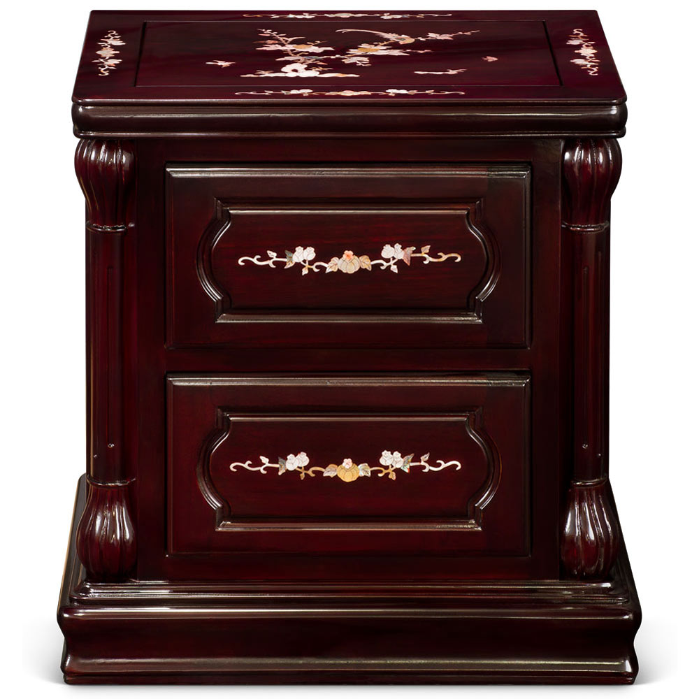 Dark Cherry Rosewood Mother of Pearl Inlay Chinese Nightstand