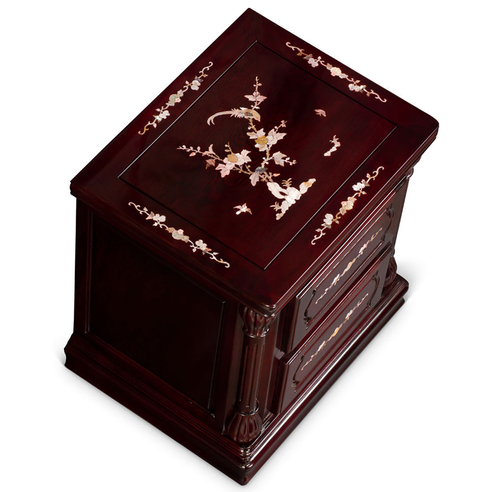 Dark Cherry Rosewood Mother of Pearl Inlay Chinese Nightstand