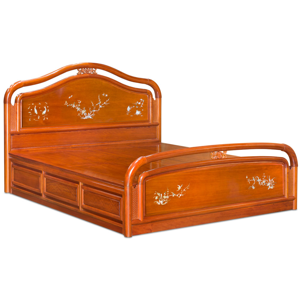 Natural Finish Rosewood King Size Chinese Platform Bed with Mother of Pearl Inlay