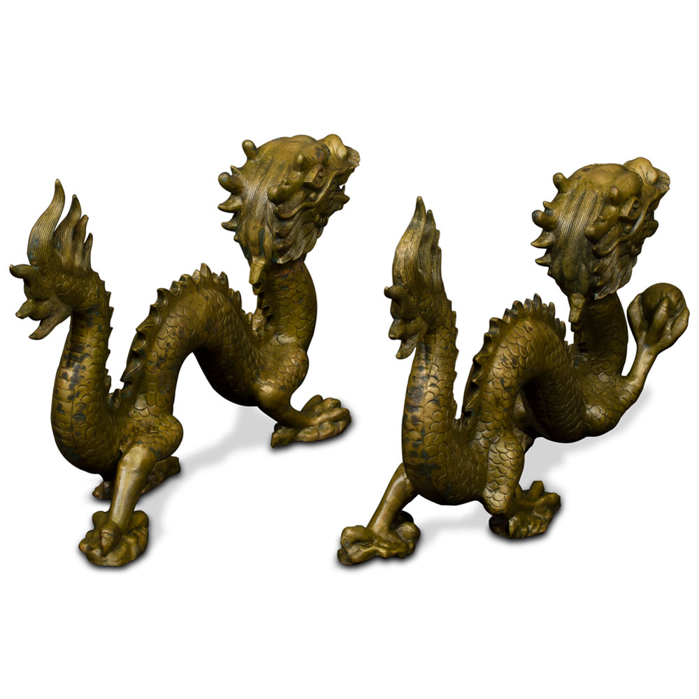 Large Bronze Flying Dragon Oriental Statue Set