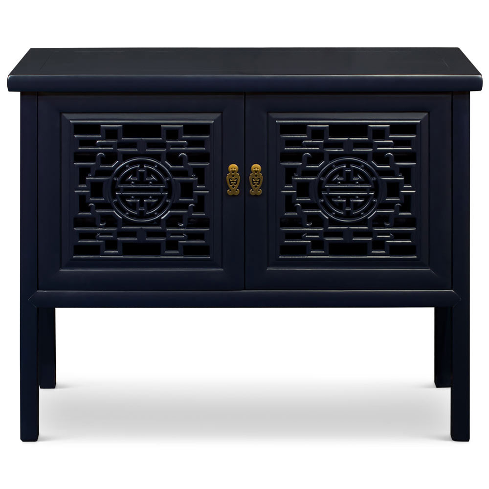 Navy Blue Elmwood Chinese Longevity Motif Cabinet with Lattice Doors