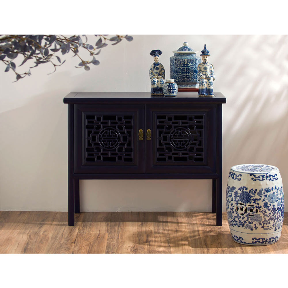 Navy Blue Elmwood Chinese Longevity Motif Cabinet with Lattice Doors