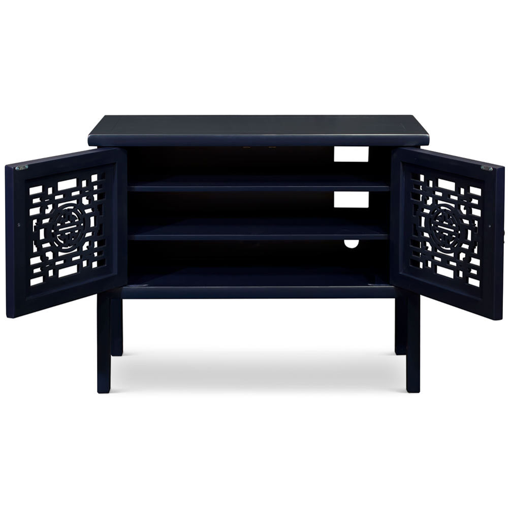 Navy Blue Elmwood Chinese Longevity Motif Cabinet with Lattice Doors