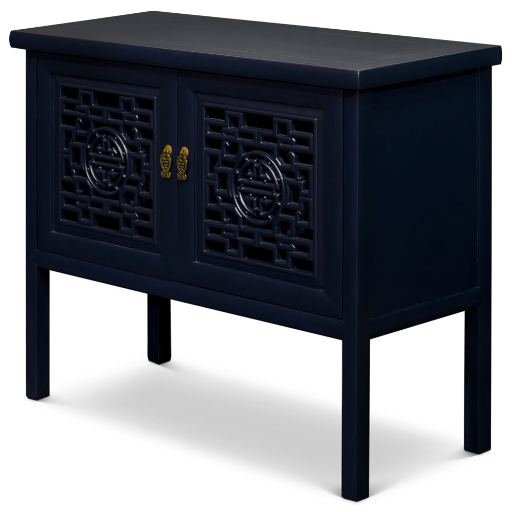 Navy Blue Elmwood Chinese Longevity Motif Cabinet with Lattice Doors