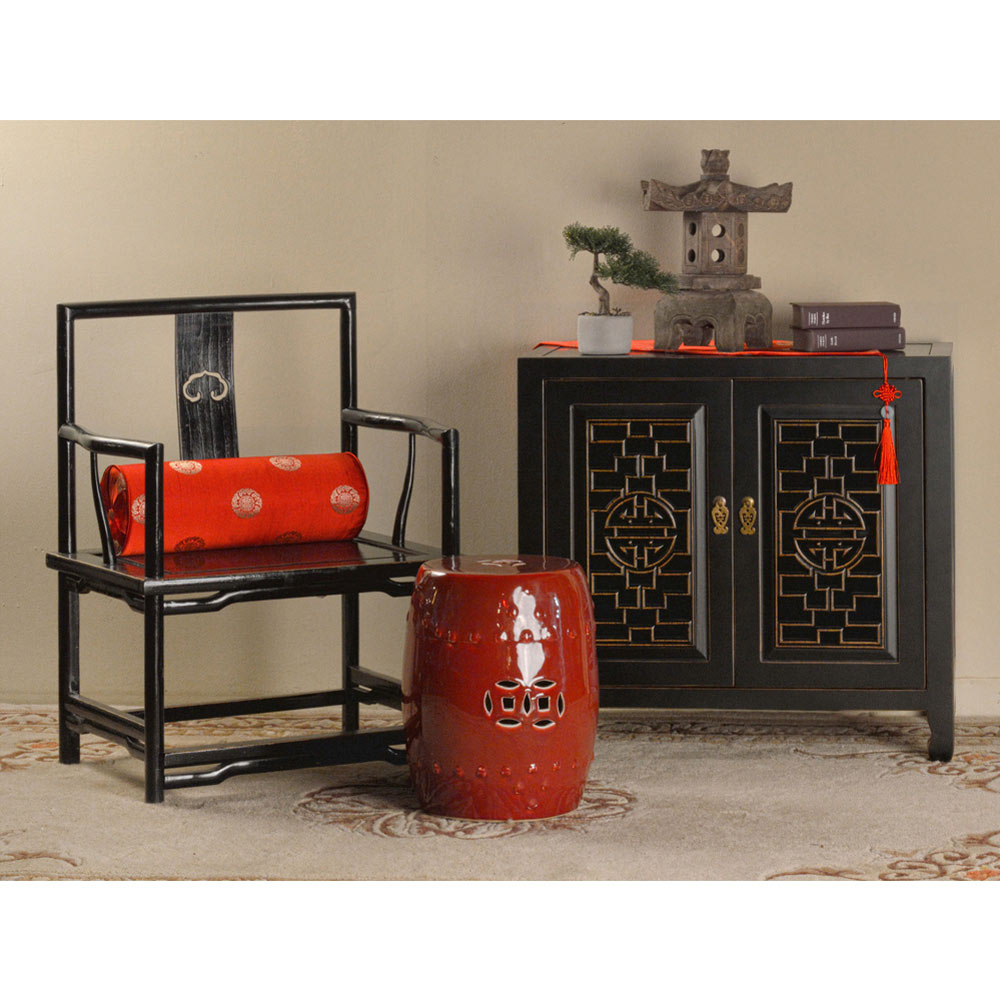 Black Distressed Elmwood Chinese Longevity Cabinet with Geometric Lattice Doors