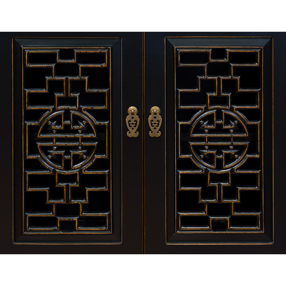 Black Distressed Elmwood Chinese Longevity Cabinet with Geometric Lattice Doors
