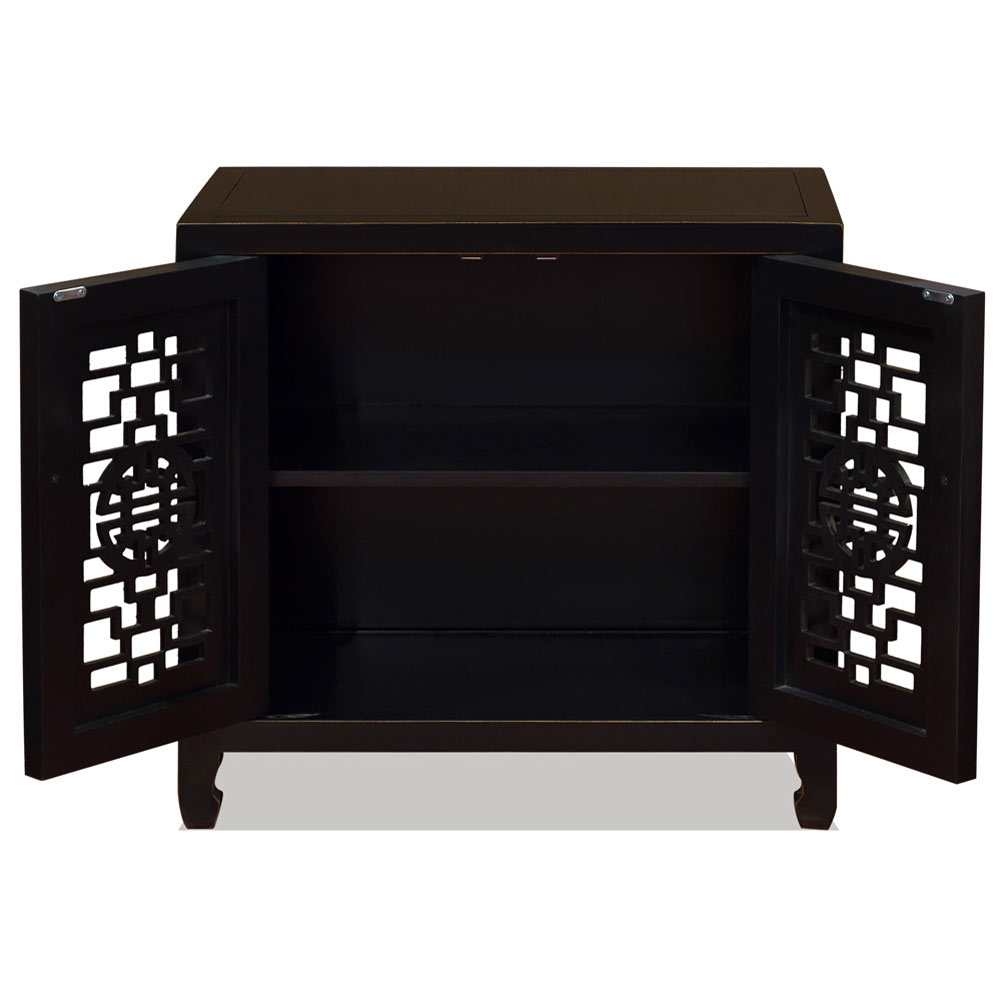 Black Distressed Elmwood Chinese Longevity Cabinet with Geometric Lattice Doors