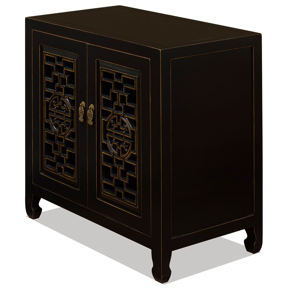 Black Distressed Elmwood Chinese Longevity Cabinet with Geometric Lattice Doors