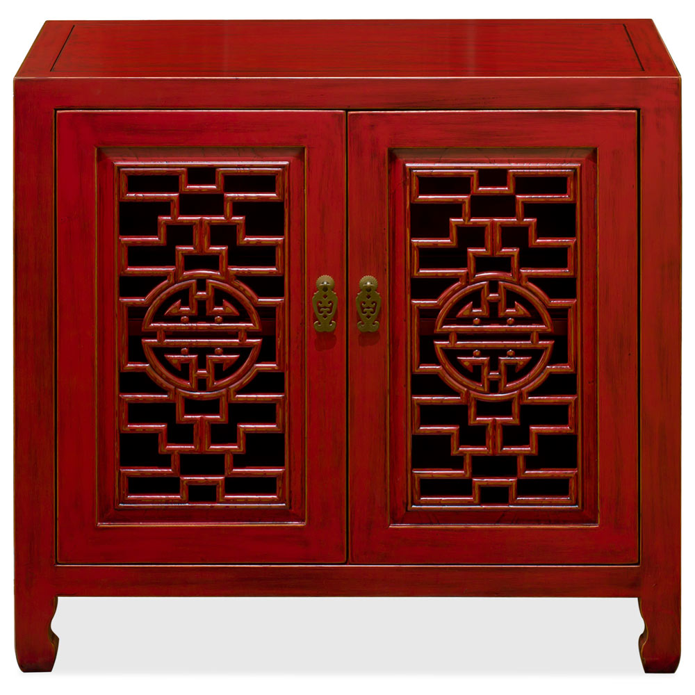 Red Distressed Elmwood Chinese Longevity Cabinet with Geometric Lattice Doors