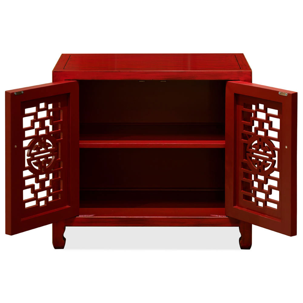 Red Distressed Elmwood Chinese Longevity Cabinet with Geometric Lattice Doors