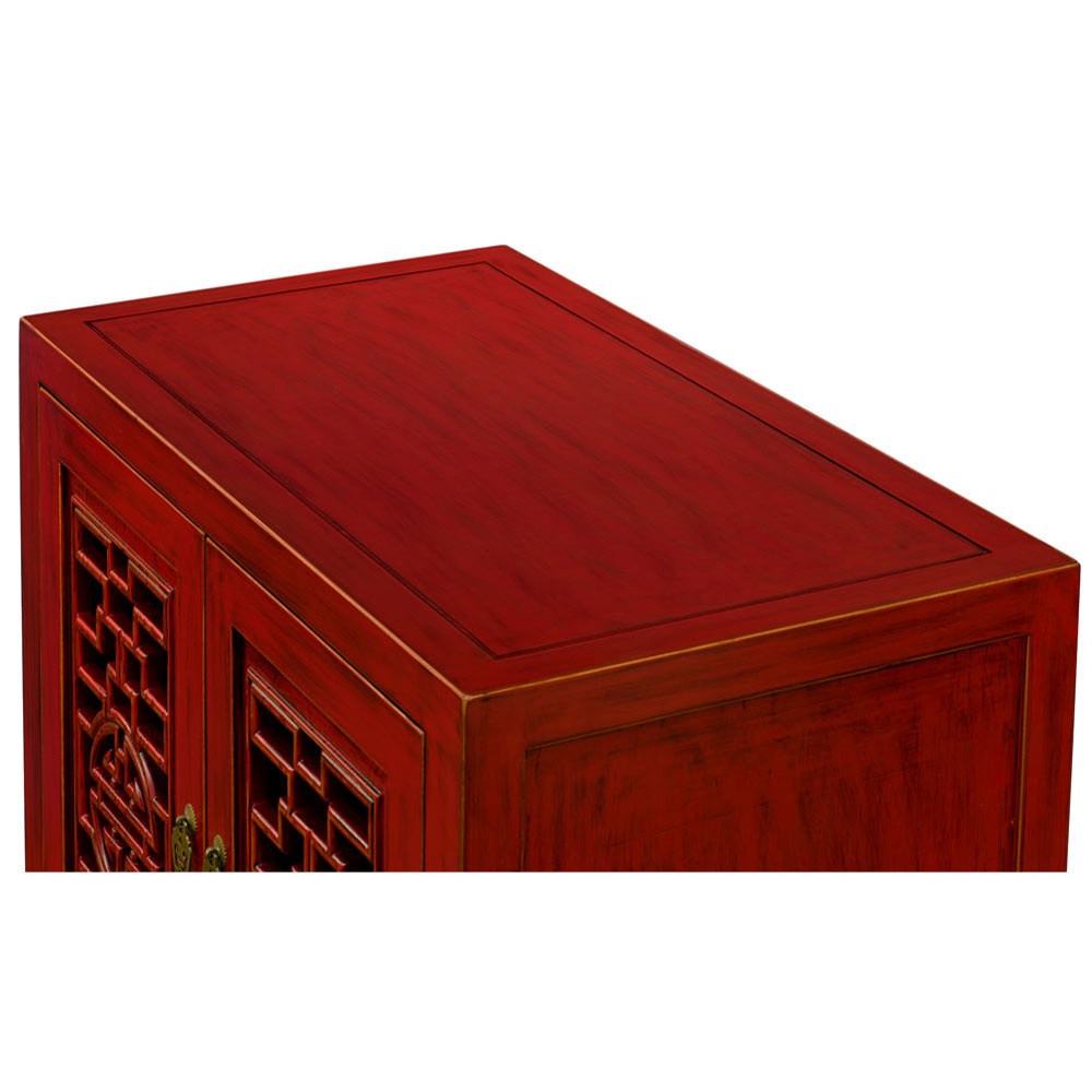 Red Distressed Elmwood Chinese Longevity Cabinet with Geometric Lattice Doors