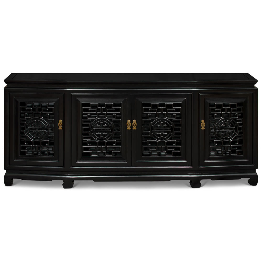 Black Elmwood Chinese Longevity Sideboard with Geometric Lattice Doors