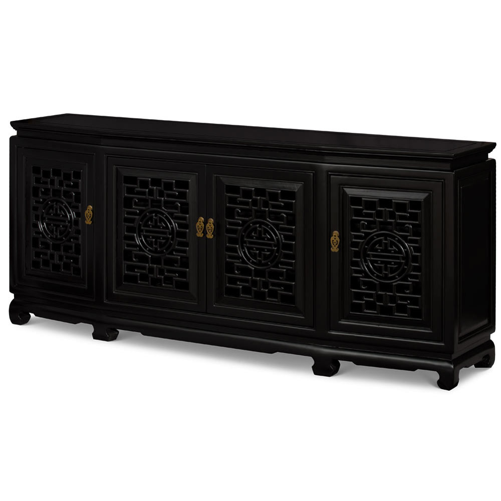 Black Elmwood Chinese Longevity Sideboard with Geometric Lattice Doors