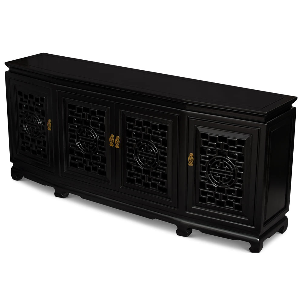 Black Elmwood Chinese Longevity Sideboard with Geometric Lattice Doors