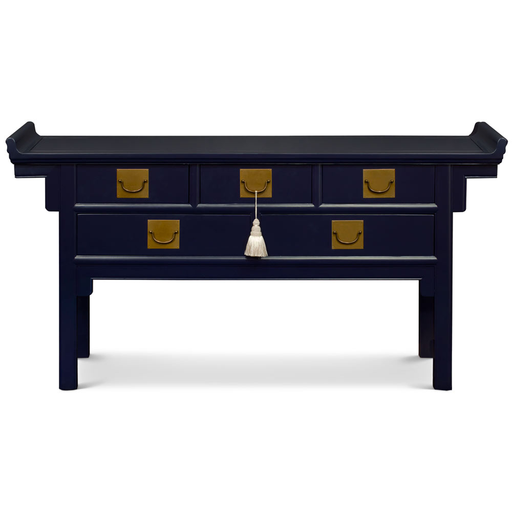 Navy Blue Elmwood Chinese Qing Altar Motif Table with White Tassel