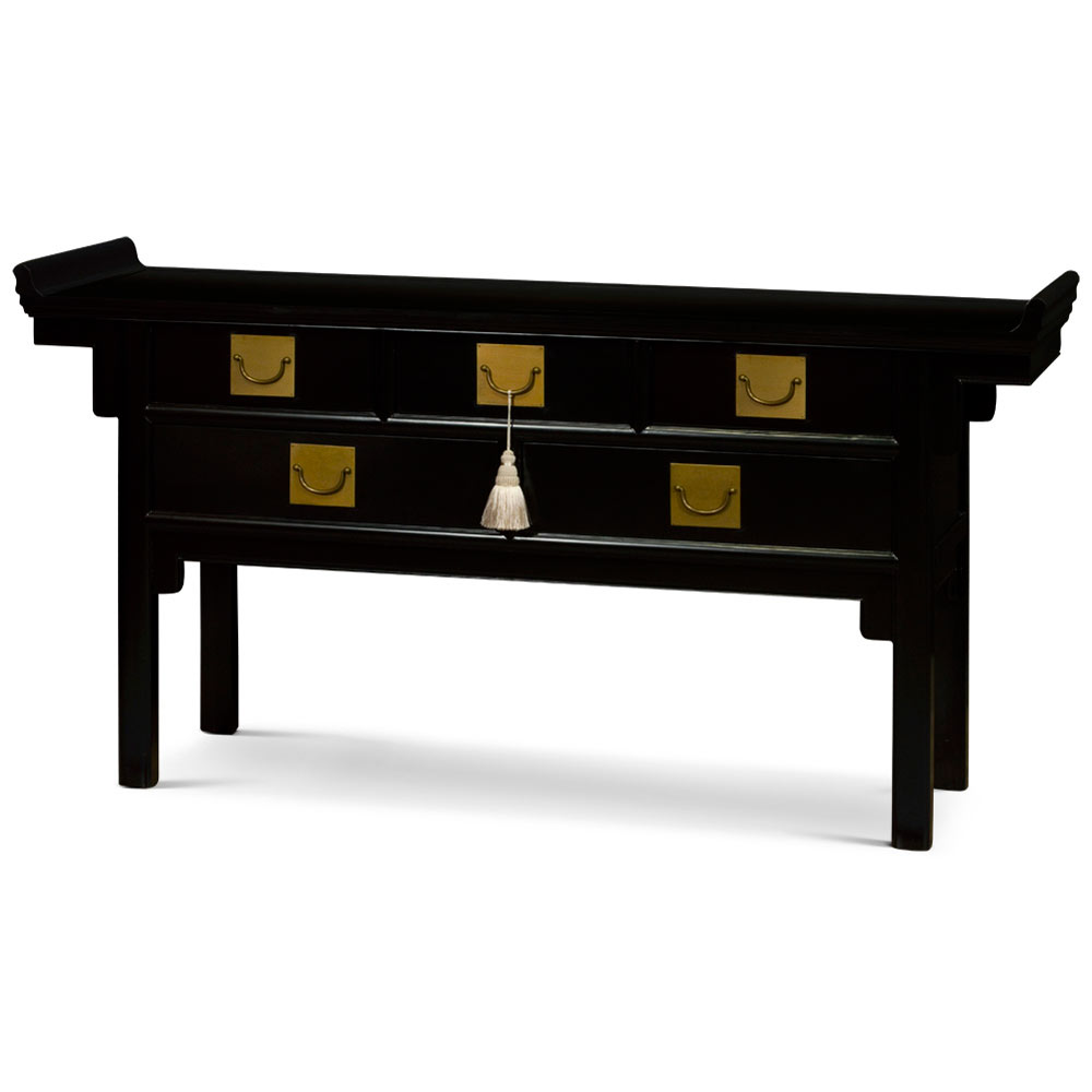 Matte Black Elmwood Chinese Qing Altar Motif Table with White Tassel