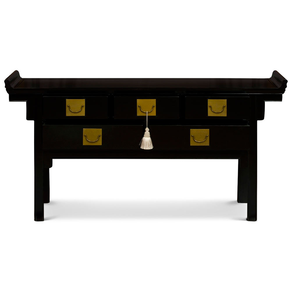 Matte Black Elmwood Chinese Qing Altar Motif Table with White Tassel