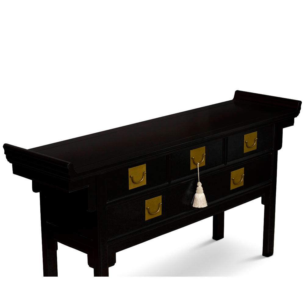 Matte Black Elmwood Chinese Qing Altar Motif Table with White Tassel