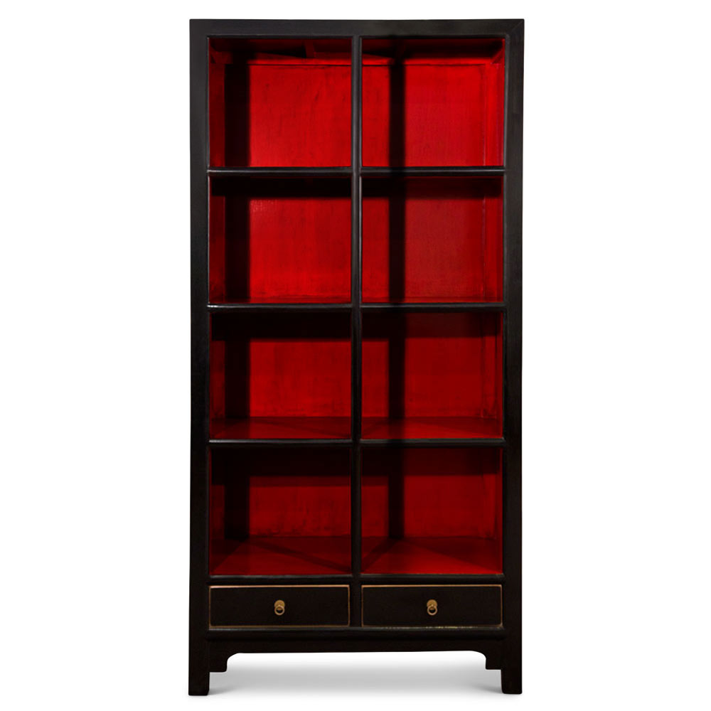 Distressed Black and Red Elmwood Zen Asian Bookcase