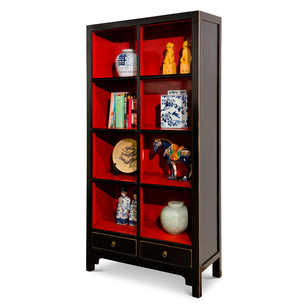 Distressed Black and Red Elmwood Zen Asian Bookcase